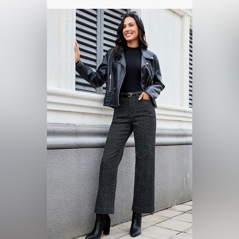 Women Leopard Print Pants black gray stretch Straight leg